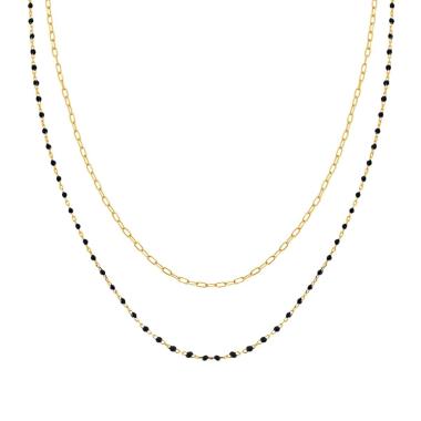 Collana due fili Catena Forzatina Allungata con Smalto Nero in ARGENTO 925 Galvanica Oro