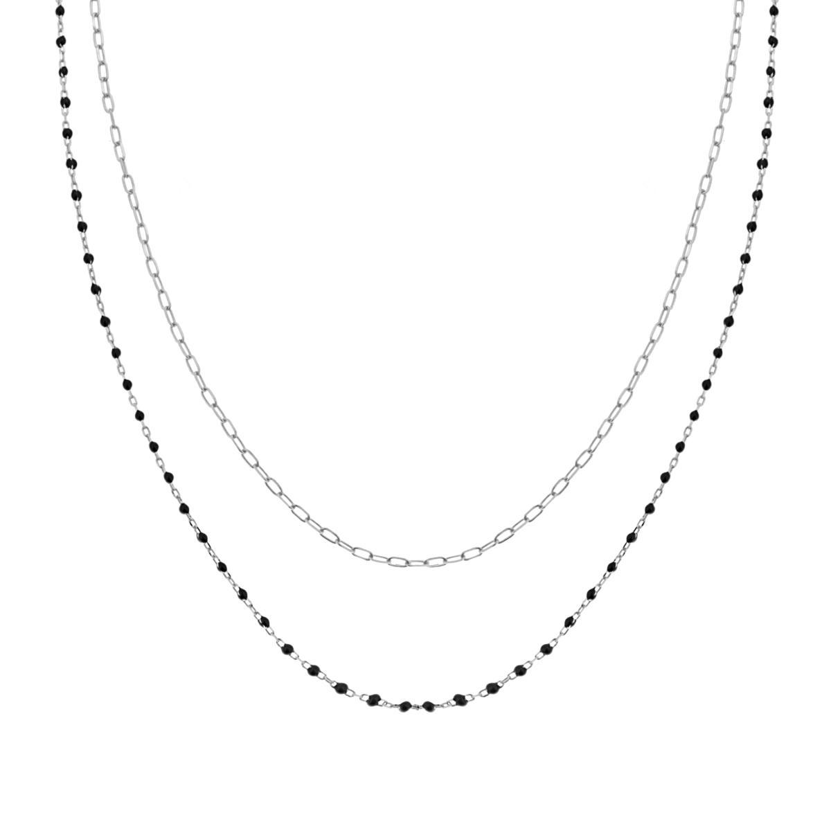Collana due fili Catena Forzatina Allungata con Smalto Nero in ARGENTO 925 Galvanica Rodio