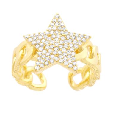 Anello Fascia Grumetta con Stella Cubic Zirconia Bianchi in ARGENTO 925 Galvanica Oro