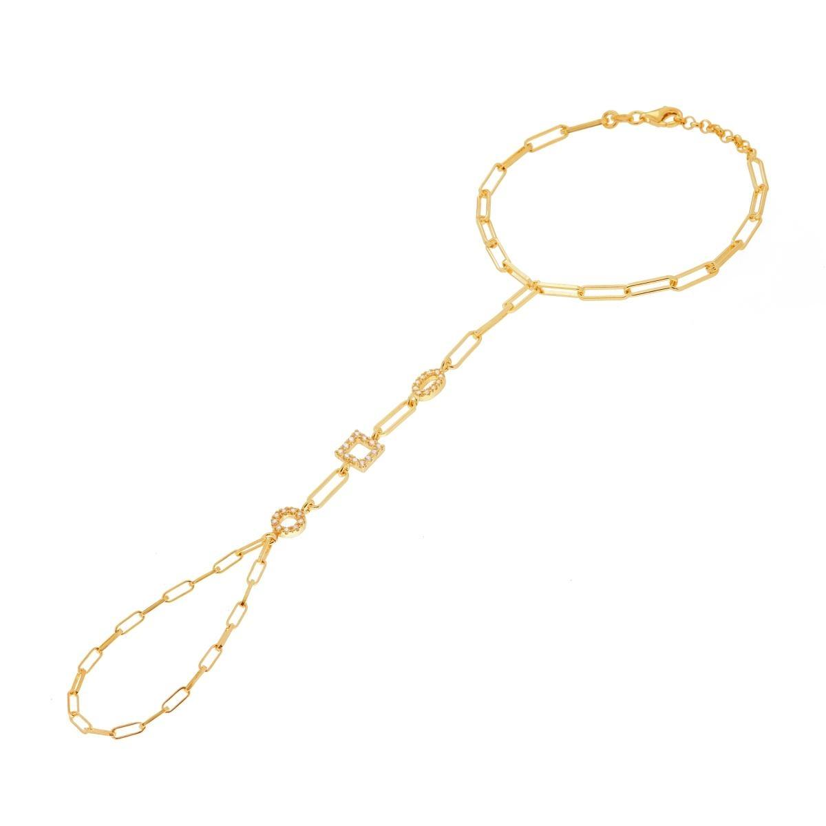 Bracciale Baciamano Catena Forzatina Allungata con Cerchio Ovale e Quadrato con Zirconi Bianchi in ARGENTO 925 Galvanica Oro