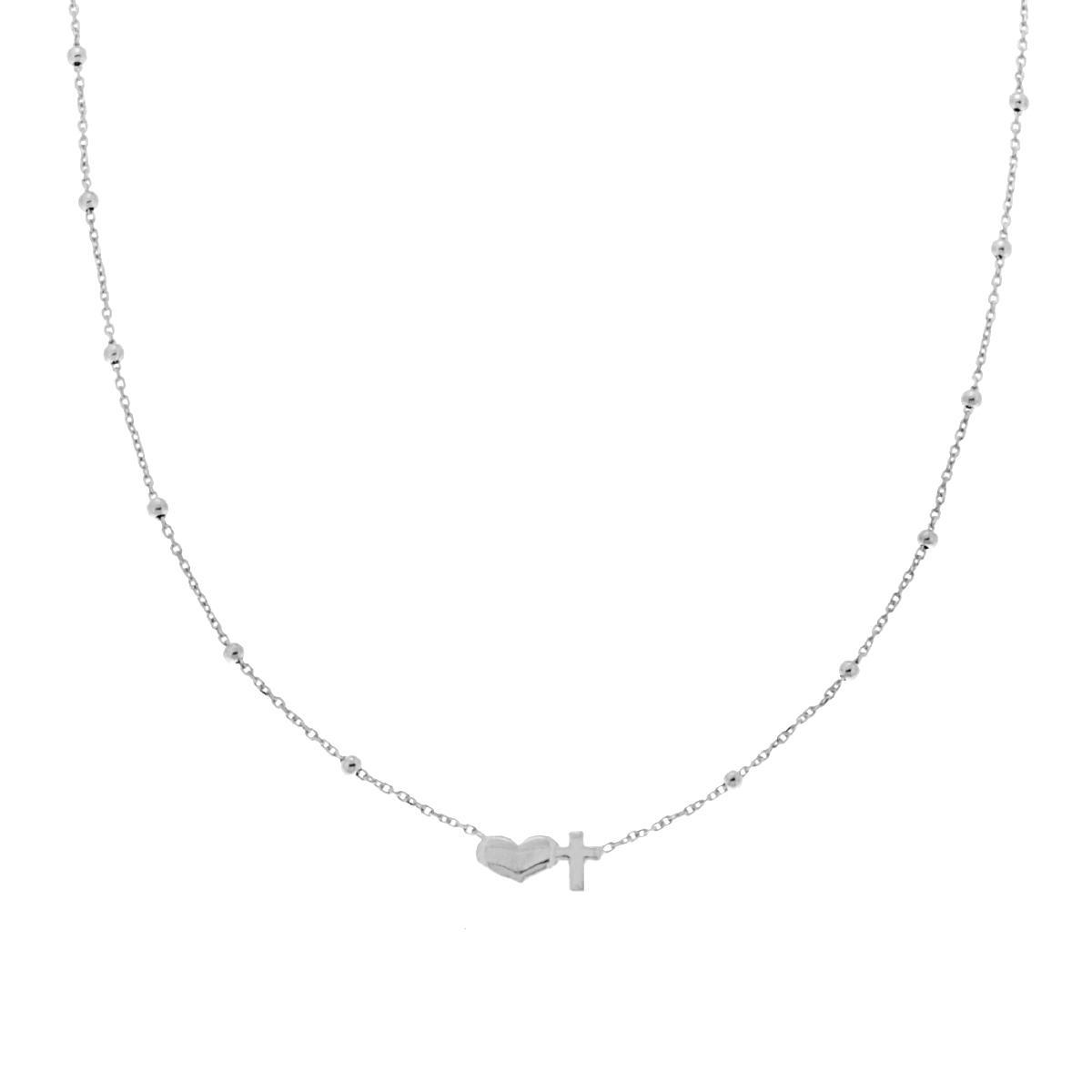 Collana Catena Forzatina diamantata con Palline e Cuore Croce centrale in ARGENTO 925 Galvanica Rodio