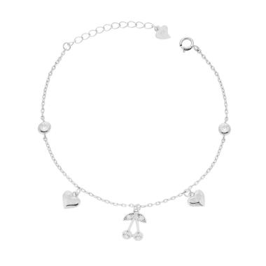 Bracciale Catena Forzatina Diamantata con Ciliegie Cuori pendenti e Zirconi Bianchi in ARGENTO 925 Galvanica Rodio