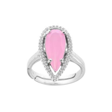 Anello Goccia con Pietra Rosa sfaccettata contornata con Zirconi Bianchi in ARGENTO 925 Galvanica Rodio