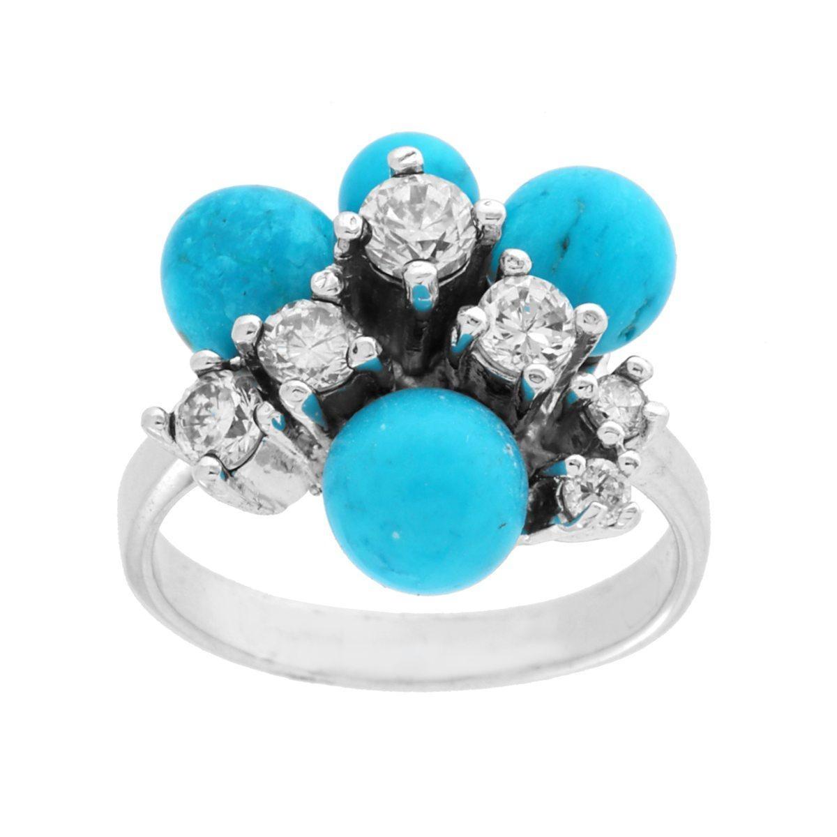 Anello Sfere pasta di Turchese con Zirconi Bianchi in ARGENTO 925 Galvanica Rodio