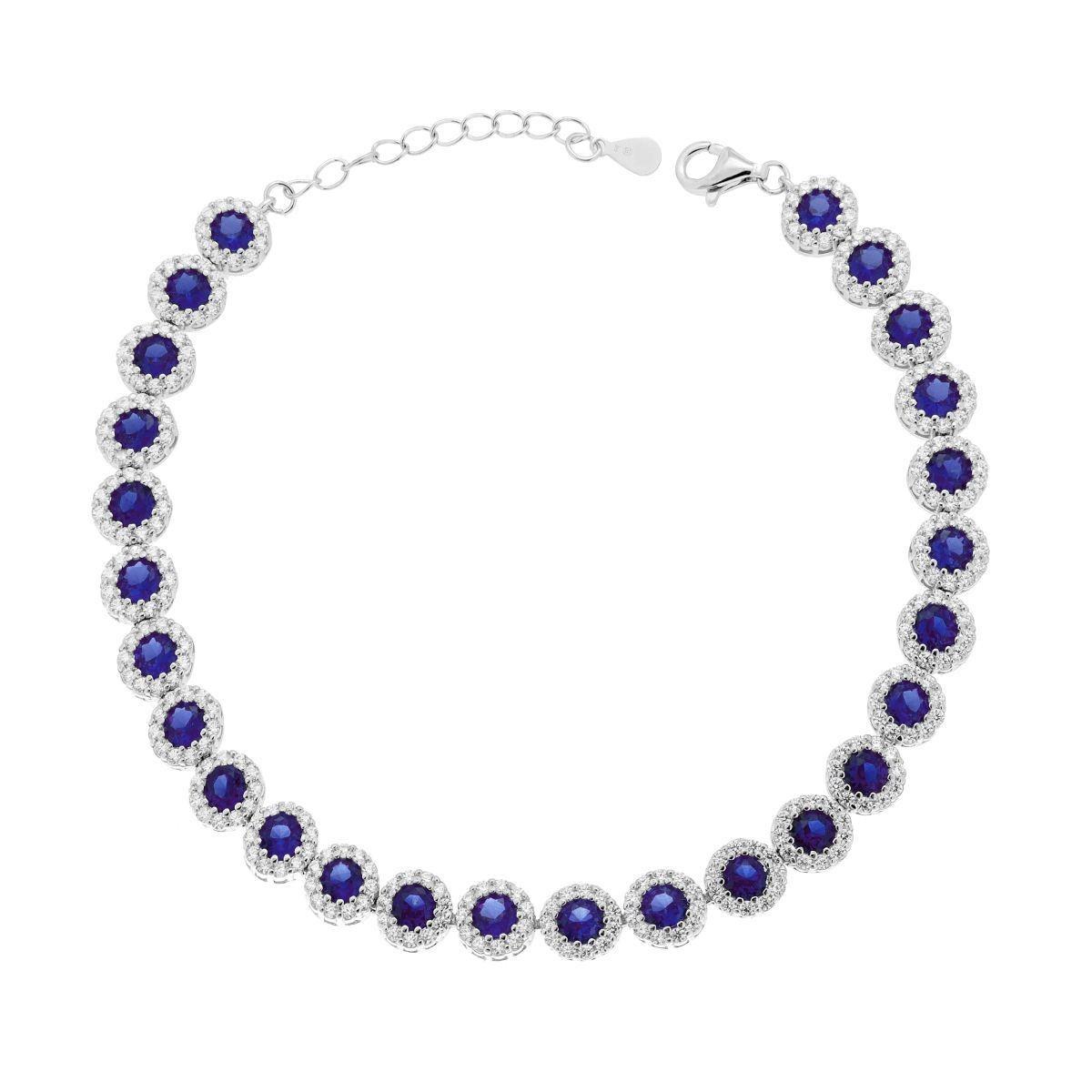 Bracciale Tennis Griffe cm 18+3 Fiore con Cubic Zirconia Blu Zaffiro contornato da Cubic Zirconia Bianchi in ARGENTO 925 Galvanica Rodio