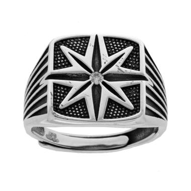 Anello Uomo Chevalier Quadrato con Rosa dei Venti e Zircone Bianco in ARGENTO 925 Galvanica Rodio Brunito
