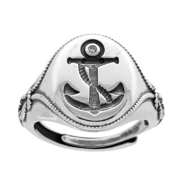 Anello Uomo Chevalier Ovale con Ancora e Zircone Bianco in ARGENTO 925 Galvanica Rodio Brunito
