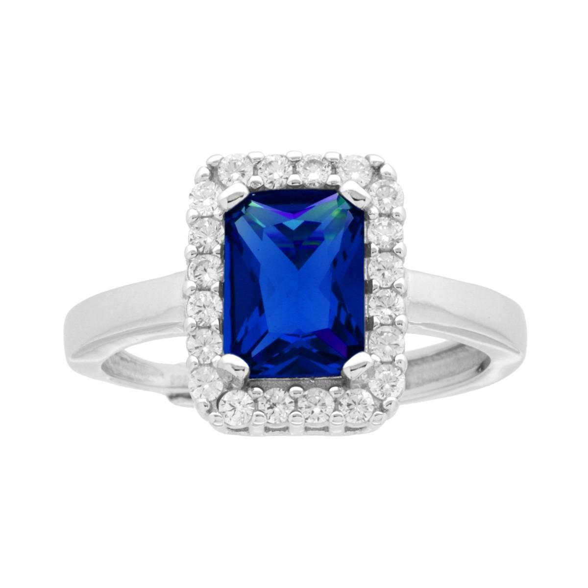 Anello Halo Solitario Rettangolare Zircone Blu Zaffiro contornato da Zirconi Bianchi in ARGENTO 925 Galvanica Rodio
