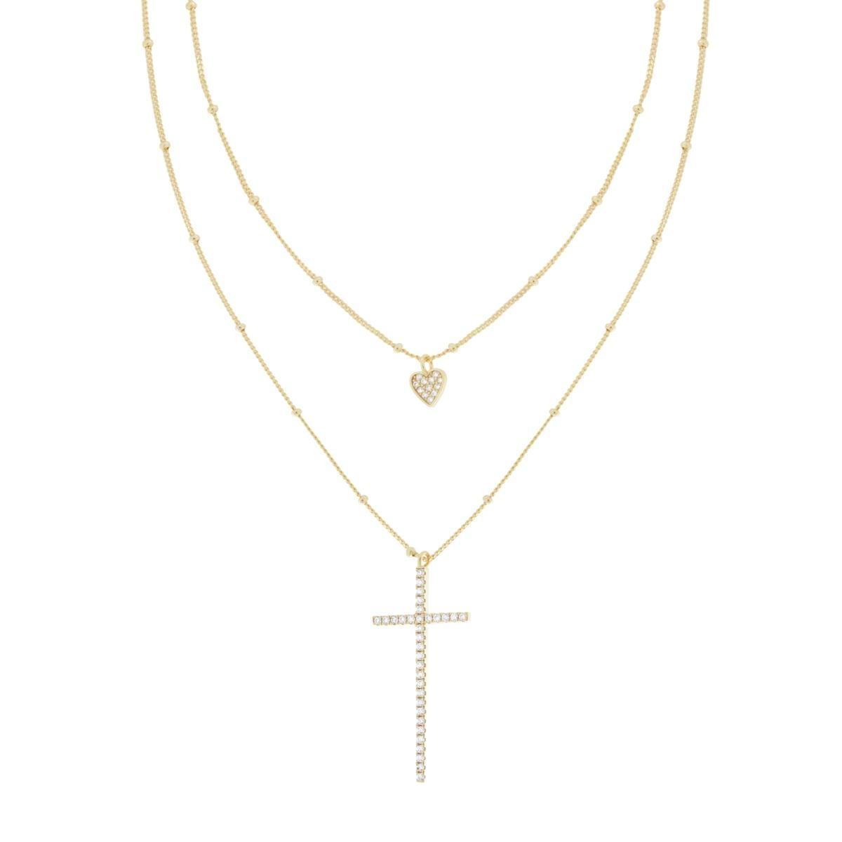 Collana due fili Catena Grumetta Diamantata con Cuore e Croce pendenti con Cubic Zirconia Bianchi in ARGENTO 925 Galvanica Oro
