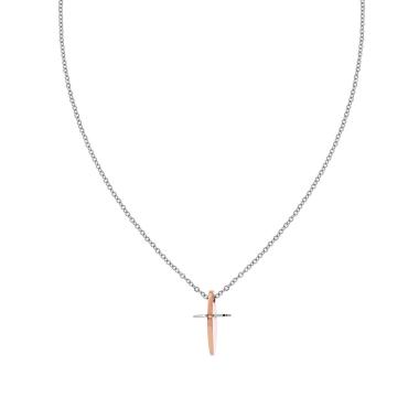 Collana Catena Forzatina Diamantata con Croce pendente con dettaglio colore Rosa con Crystal Bianco in ACCIAIO