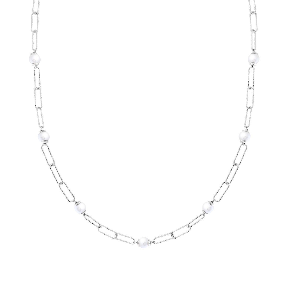 Collana Catena Grumetta allungata Diamantate con Perla vetro perlato in ARGENTO 925 Galvanica Rodio