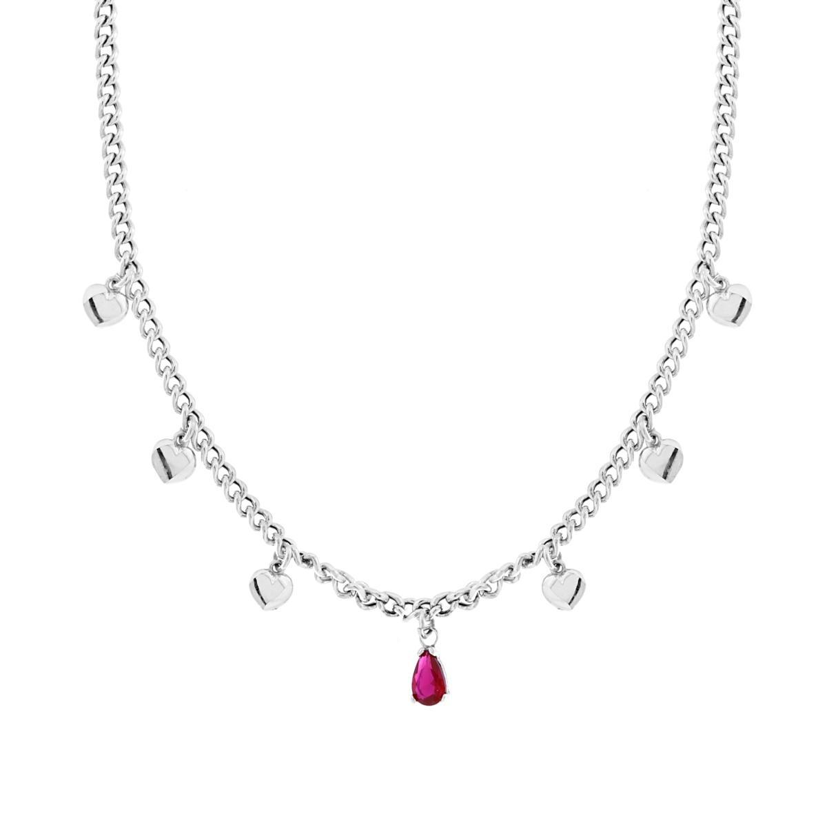 Collana Catena Grumetta con Cuori e Goccia Cubic Zirconia Rosso Rubino pendenti in ARGENTO 925 Galvanica Rodio