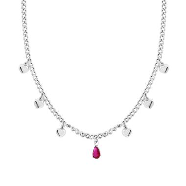 Collana Catena Grumetta con Cuori e Goccia Cubic Zirconia Rosso Rubino pendenti in ARGENTO 925 Galvanica Rodio