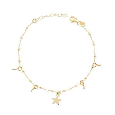 Bracciale Catena Forzatina Diamantata con Palline lisce Lune e Stella pendenti in ARGENTO 925 Galvanica Oro