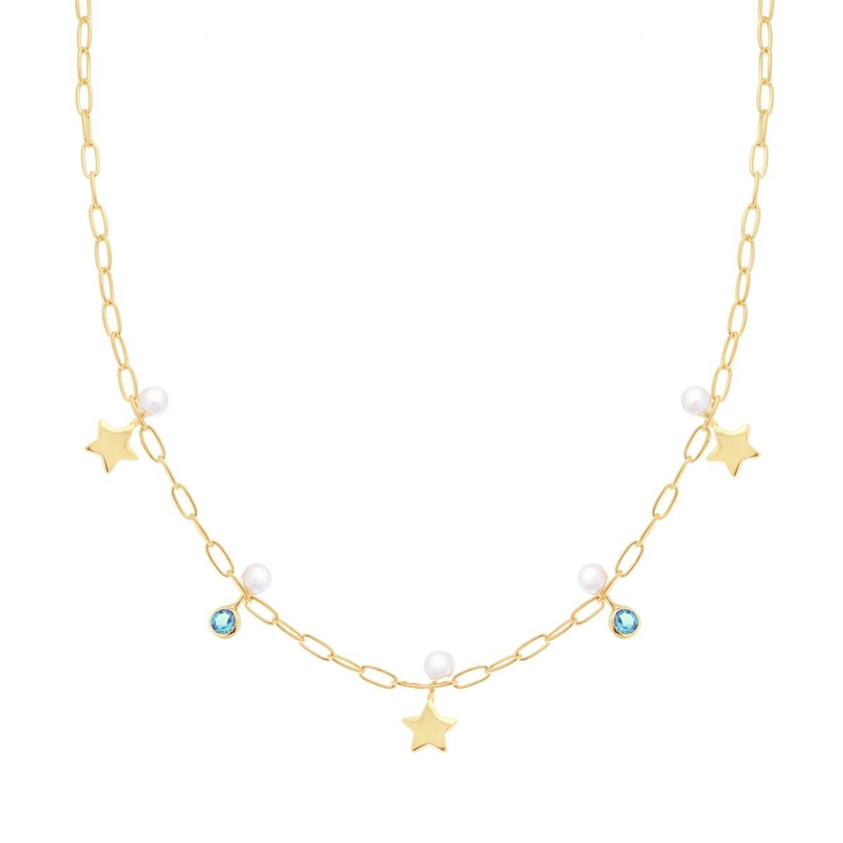 Collana Catena Forzatina allungata con Stelle Perle vetro perlato e Cubic Zirconia Acquamarina in ARGENTO 925 Galvanica Oro
