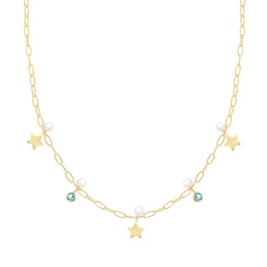 Collana Catena Forzatina allungata con Stelle Perle vetro perlato e Cubic Zirconia Acquamarina in ARGENTO 925 Galvanica Oro