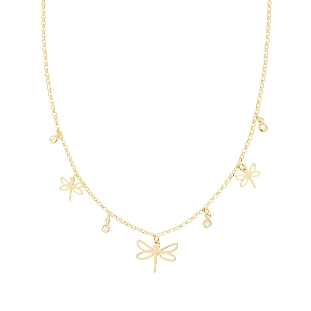 Collana Catena Rolo Diamantata con Libellule e Cubic Zirconia Bianchi pendenti in ARGENTO 925 Galvanica Oro