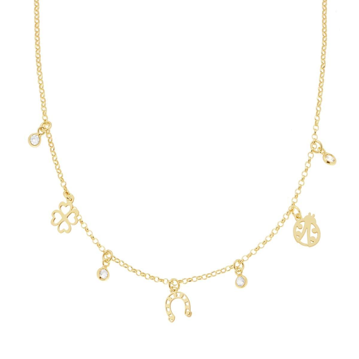 Collana Catena Rolo Diamantata con Coccinella Ferro di Cavallo Quadrifoglio portafortuna e Cubic Zirconia Bianchi pendenti in ARGENTO 925 Galvanica Oro