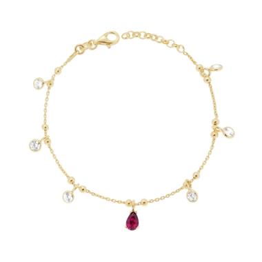 Bracciale Catena Forzatina Diamantata con Cubic Zirconia Bianchi e Goccia Rosso Rubino pendenti in ARGENTO 925 Galvanica Oro