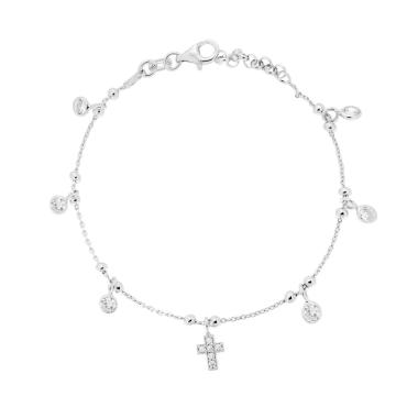Bracciale Catena Forzatina Diamantata con Cubic Zirconia Bianchi e Croce pendenti in ARGENTO 925 Galvanica Rodio
