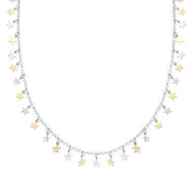 Collana Catena Rolo Diamantata con Stelle plain pendenti in ARGENTO 925 Galvanica Rodio e Oro