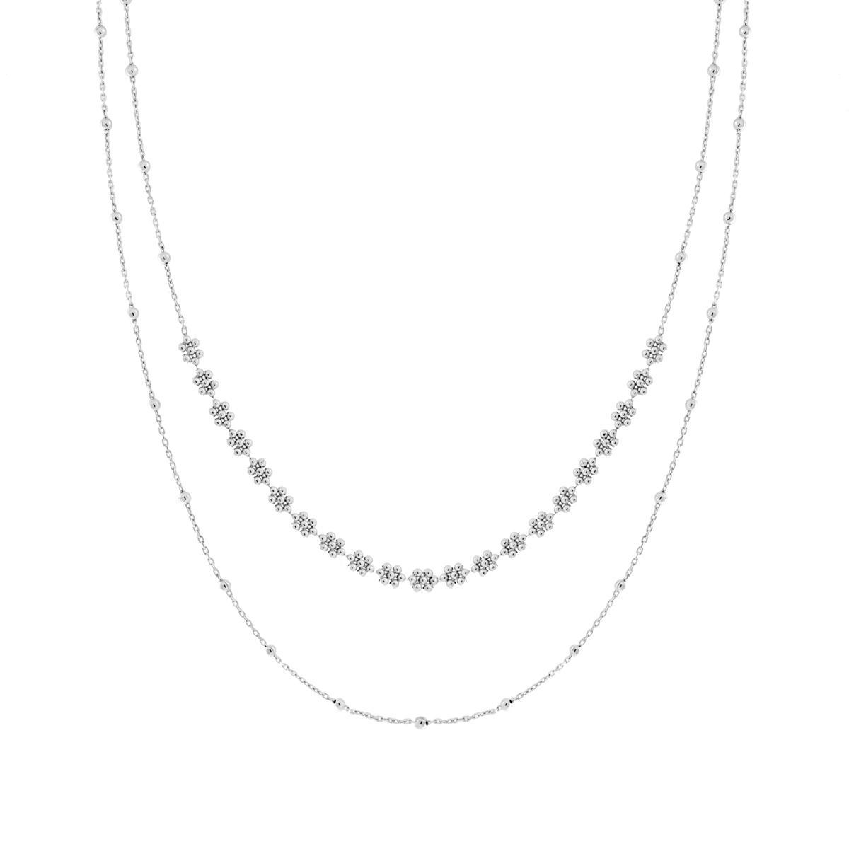 Collana due fili Catena Forzatina Diamantata e Palline lisce Fiori in ARGENTO 925 Galvanica Rodio