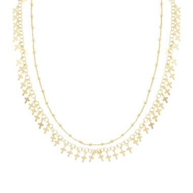 Collana due fili Catena Forzatina Diamantata e Palline lisce con Croci plain pendenti  in ARGENTO 925 Galvanica Oro