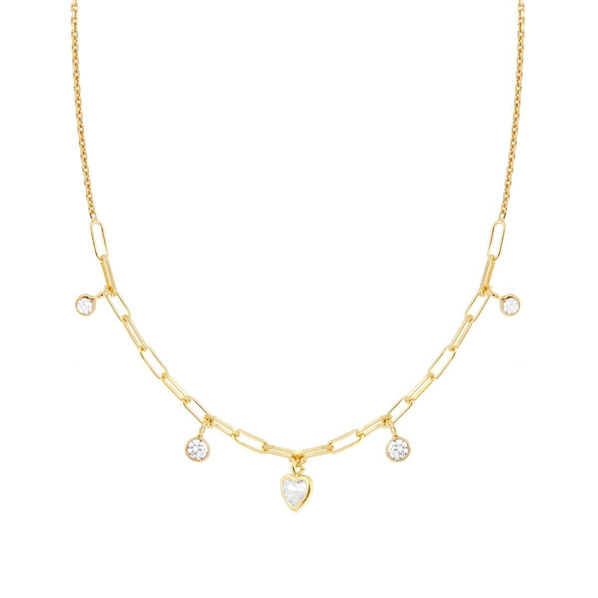 Collana Catena Rolo Diamantata con Cuore e Tondi Cubic Zirconia Bianchi pendenti in ARGENTO 925 Galvanica Oro