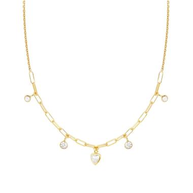 Collana Catena Rolo Diamantata con Cuore e Tondi Cubic Zirconia Bianchi pendenti in ARGENTO 925 Galvanica Oro