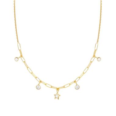 Collana Catena Rolo Diamantata con Stelle e Tondi Cubic Zirconia Bianchi pendenti in ARGENTO 925 Galvanica Oro
