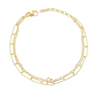 Bracciale due fili Catena Forzatina Rada e Rolo Diamantata con Stella Cubic Zirconia Bianco in ARGENTO 925 Galvanica Oro