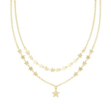 Collana due fili Catena Rolo con Stelle Diamantate e Lisce in ARGENTO 925 Galvanica Oro