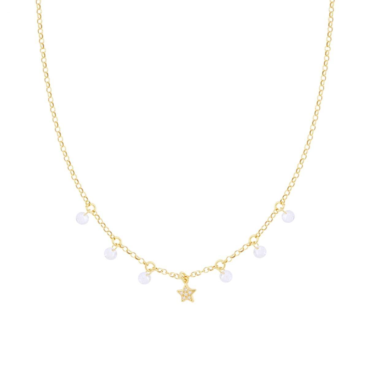 Collana Catena Rolo Diamantata con Stella e Cubic Zirconia Bianchi pendenti in ARGENTO 925 Galvanica Oro