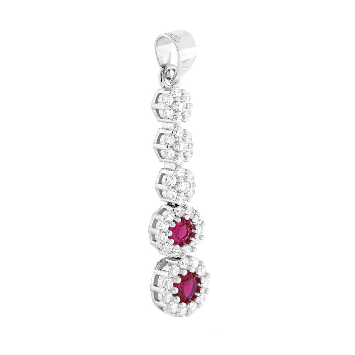 Ciondolo Tennis Fiori con Tondi Rosso Rubino contornati da Cubic Zirconia Bianchi in ARGENTO 925 Galvanica Rodio