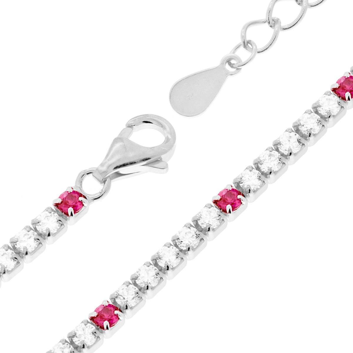 Bracciale Tennis Griffe cm 17+3 con Zirconi mm 2 Bianchi e Rosso Rubino alternati in ARGENTO 925 Galvanica Rodio