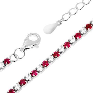 Bracciale Tennis Griffe cm 17+3 con Zirconi mm 2 Bianchi e Rosso Rubino alternati in ARGENTO 925 Galvanica Rodio