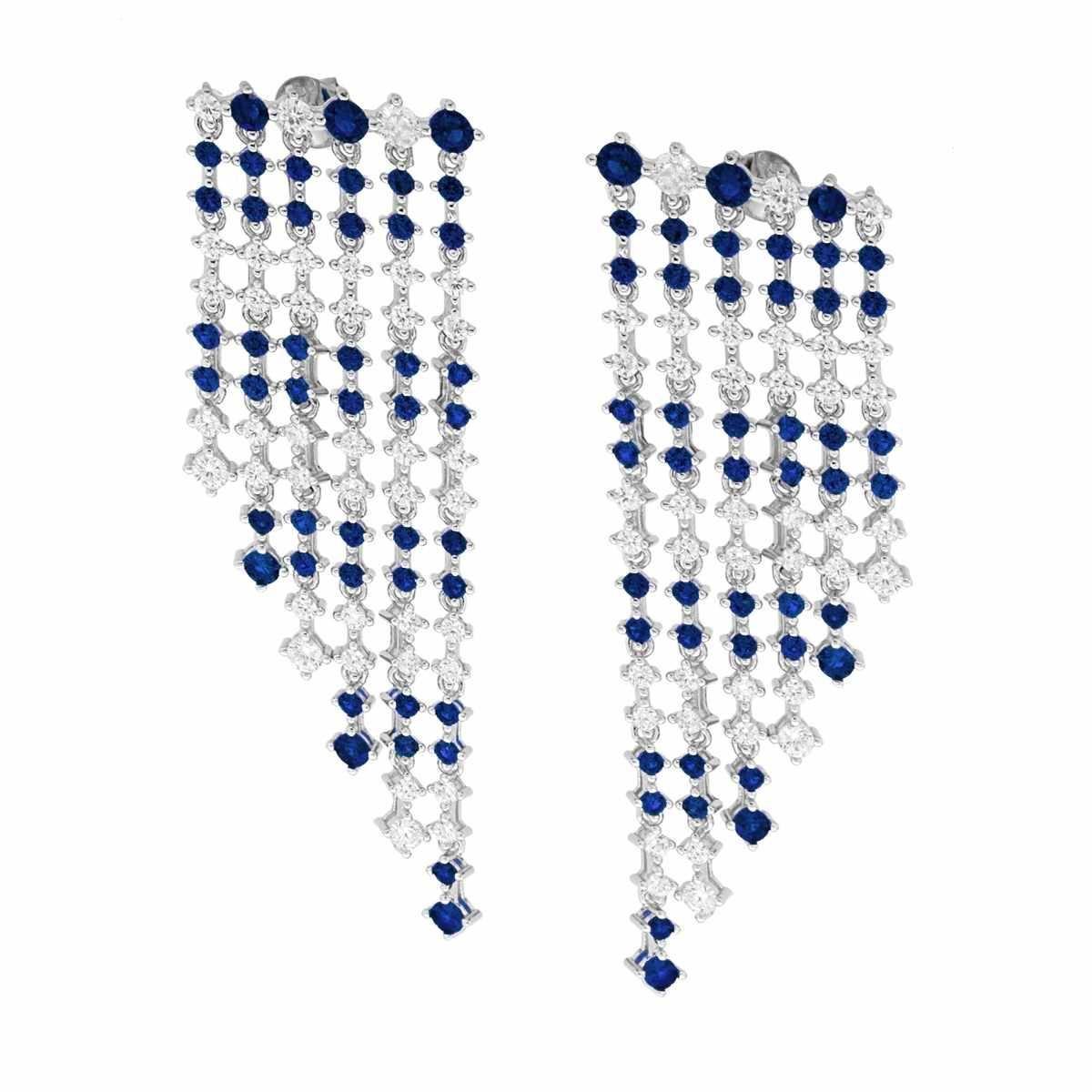 Orecchini Chandelier sei fili degrade Tennis con Cubic Zirconia Blu Zaffiro e Bianchi alternati in ARGENTO 925 Galvanica Rodio