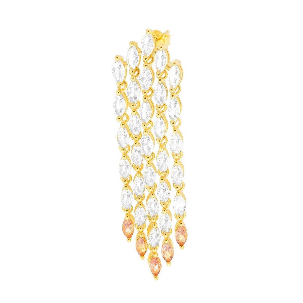 Orecchino Lungo Chandelier cinque fili Tennis con Cubic Zirconia Bianchi e Rosa Cipria Marquise in ARGENTO 925 Galvanica Oro