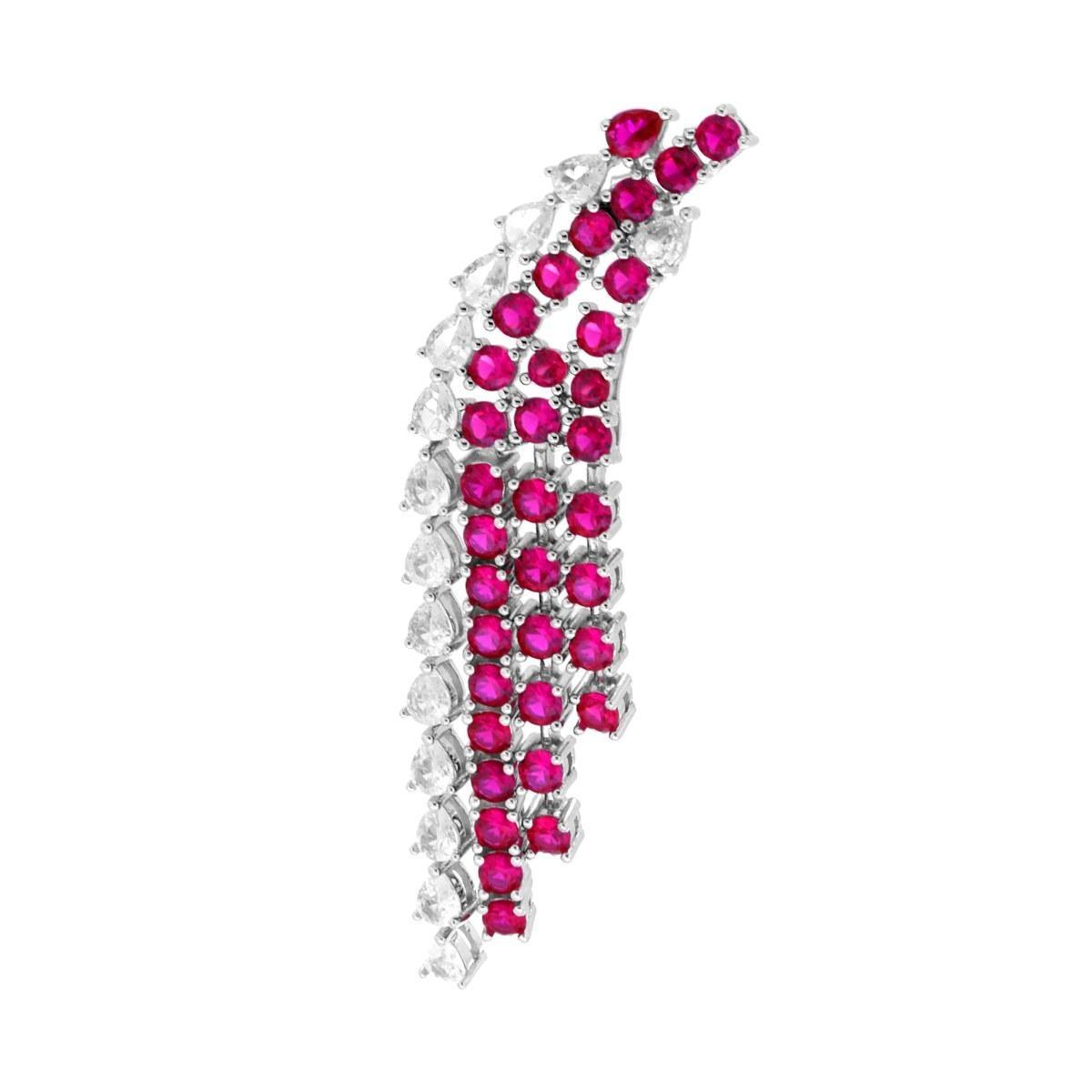 Orecchino Lungo Chandelier quattro fili degrade Tennis con Cubic Zirconia Rosso Rubino e Bianco in ARGENTO 925 Galvanica Rodio