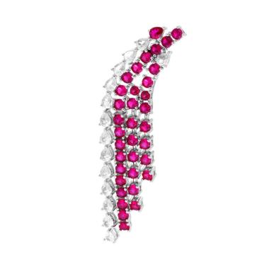 Orecchino Lungo Chandelier quattro fili degrade Tennis con Cubic Zirconia Rosso Rubino e Bianco in ARGENTO 925 Galvanica Rodio