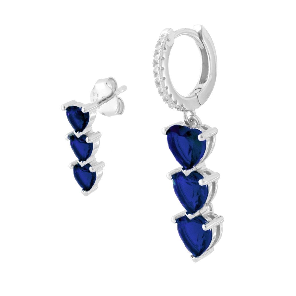 Orecchini Asimmetrici Cerchio scattino con Trilogy Cuori Cubic Zirconia Blu Zaffiro in ARGENTO 925 Galvanica Rodio