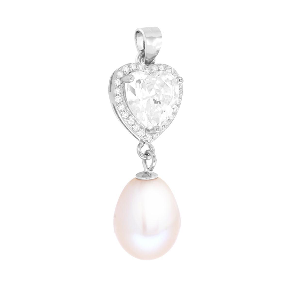 Ciondolo Cuore Bianco contornato da Cubic Zirconia Bianchi e Perla di Fiume pendente in ARGENTO 925 Galvanica Rodio