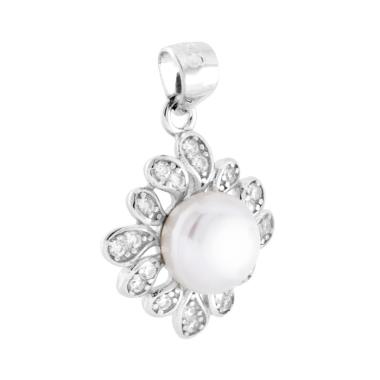 Ciondolo con Perla di Fiume e contornata da Petali di Cubic Zirconia Bianchi in ARGENTO 925 Galvanica Rodio