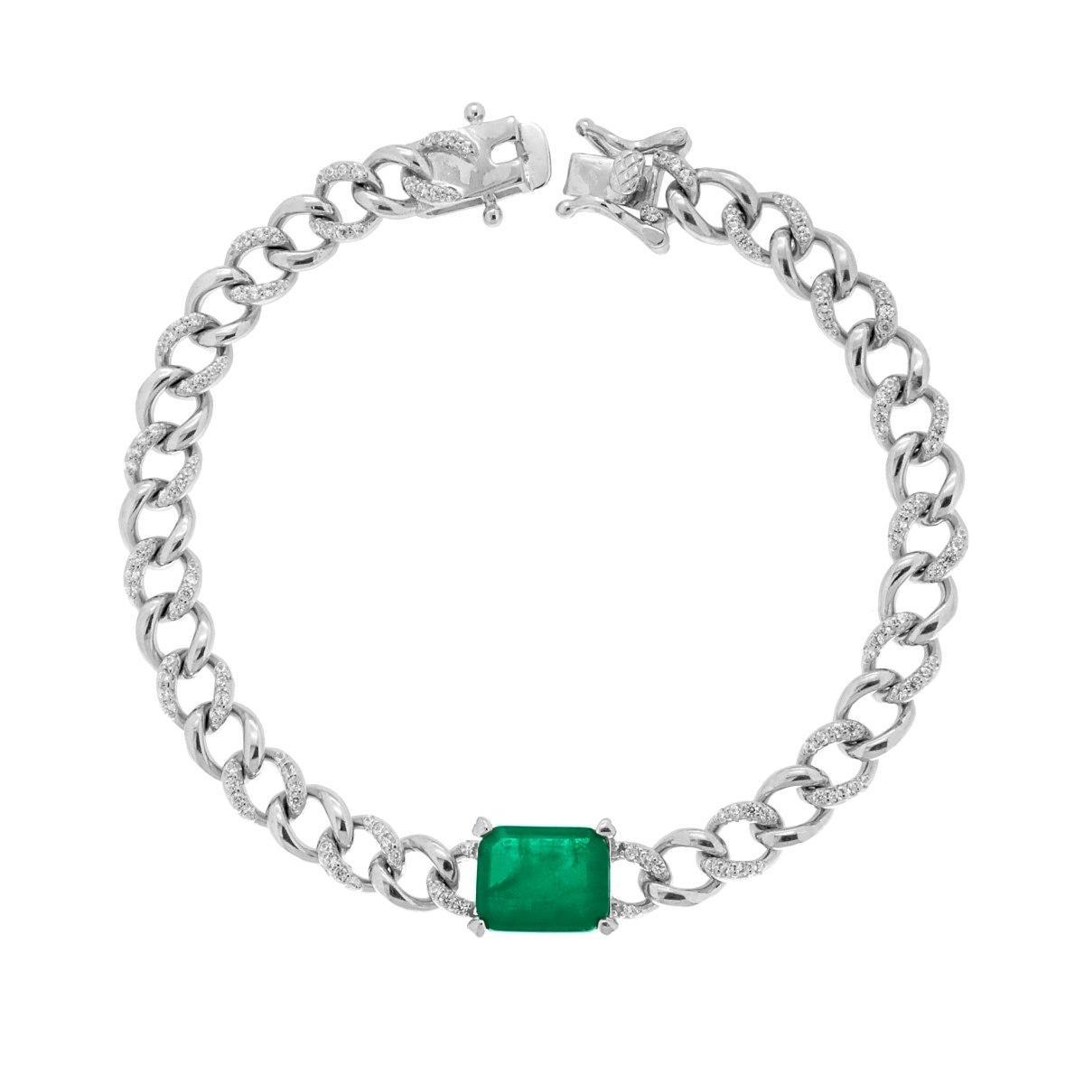 Bracciale Catena Grumetta con Cubic Zirconia Bianchi e Pietra Naturale Verde Smeraldo in ARGENTO 925 Galvanica Rodio