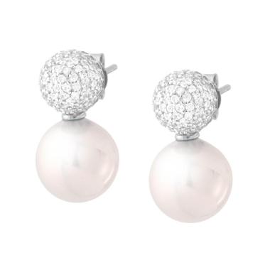 Orecchini Perla con Semisfera con Cubic Zirconia Bianchi in ARGENTO 925 Galvanica Rodio