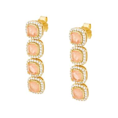 Orecchini Quadrati pendenti con Pietre Naturali Rosa Cipria contornate da Cubic Zirconia Bianchi in ARGENTO 925 Galvanica Oro