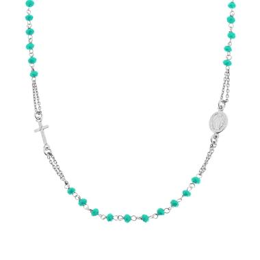 Collana Rosario modello Girocollo cm 50 con Grani mm 3.5 Crystal Verde Boreale in ARGENTO 925 Galvanica Rodio