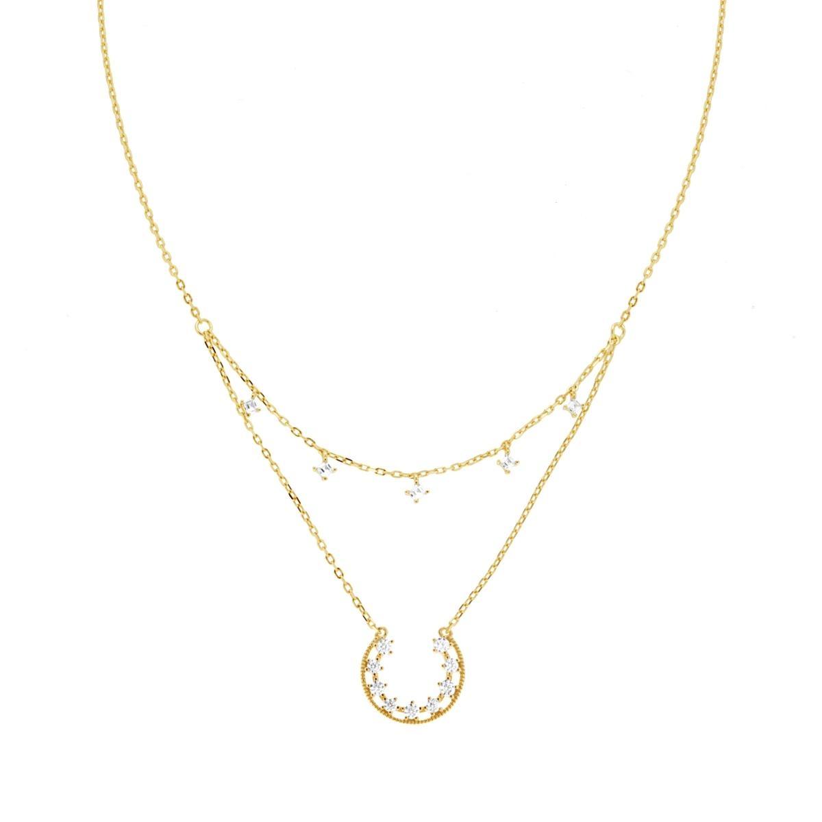 Collana Doppia Catena Forzatina Diamantata con Cubic Zirconia Bianchi pendenti in ARGENTO 925 Galvanica Oro