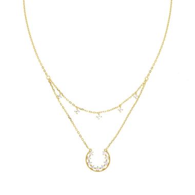 Collana Doppia Catena Forzatina Diamantata con Cubic Zirconia Bianchi pendenti in ARGENTO 925 Galvanica Oro