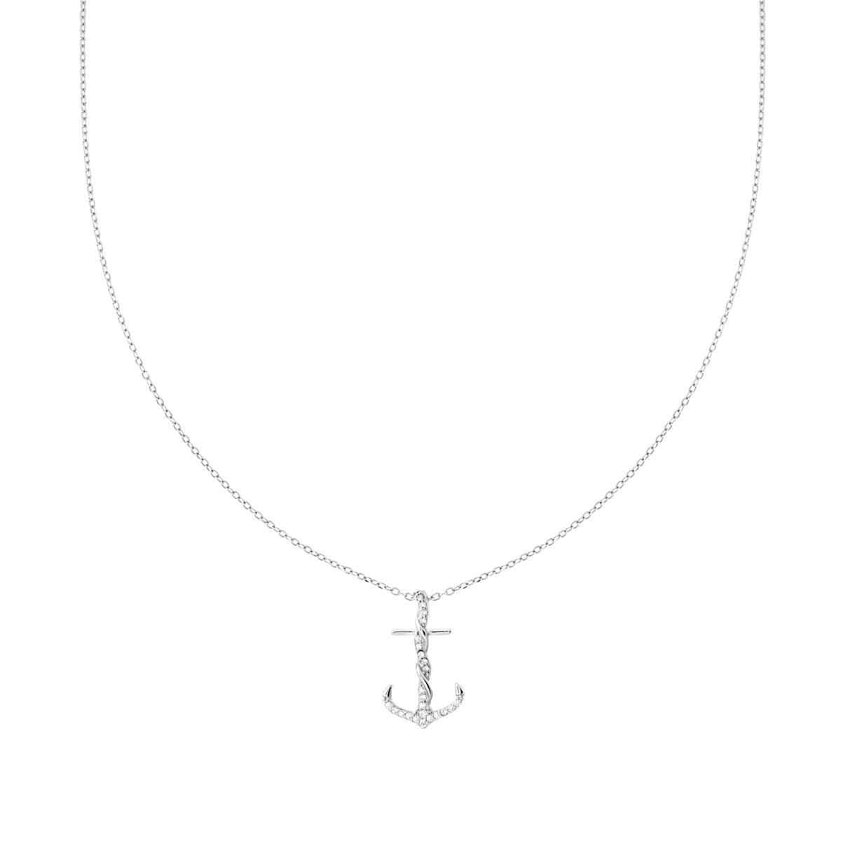 Collana Catena Forzatina Diamantata con Ancora e Cubic Zirconia Bianchi in ARGENTO 925 Galvanica Rodio